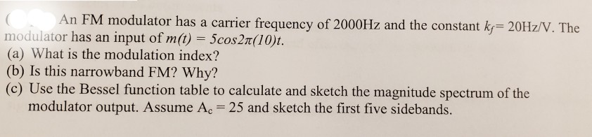 Solved An FM modulator has a carrier frequency of 2000Hz and | Chegg.com