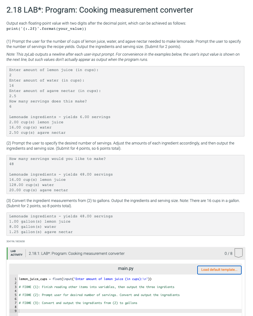 Solved 2.18 LAB*: Program: Cooking measurement converter | Chegg.com