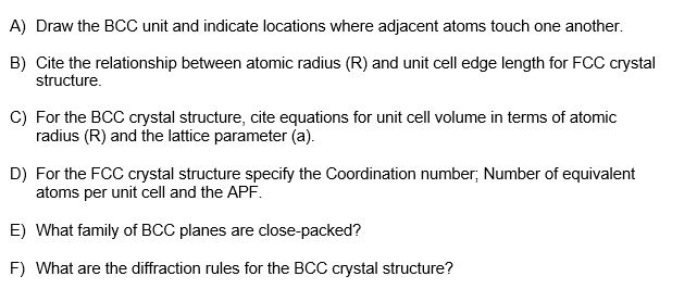 Solved A) Draw the BCC unit and indicate locations where | Chegg.com