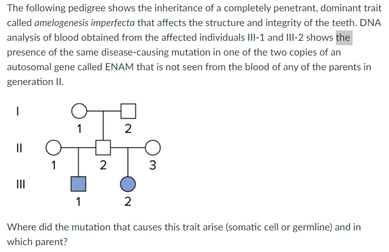 The following pedigree shows the inheritance of a completely penetrant, dominant trait called amelogenesis imperfecta that af