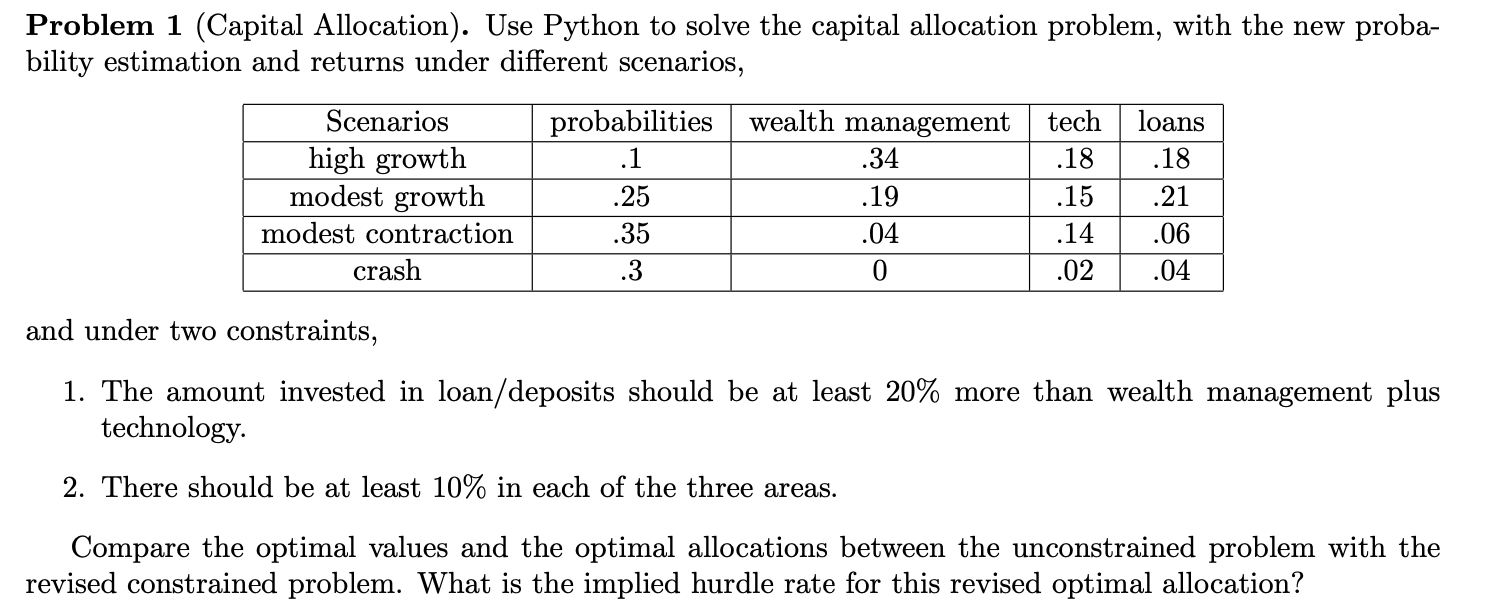 Problem 1 Capital Allocation Use Python To Solve Chegg