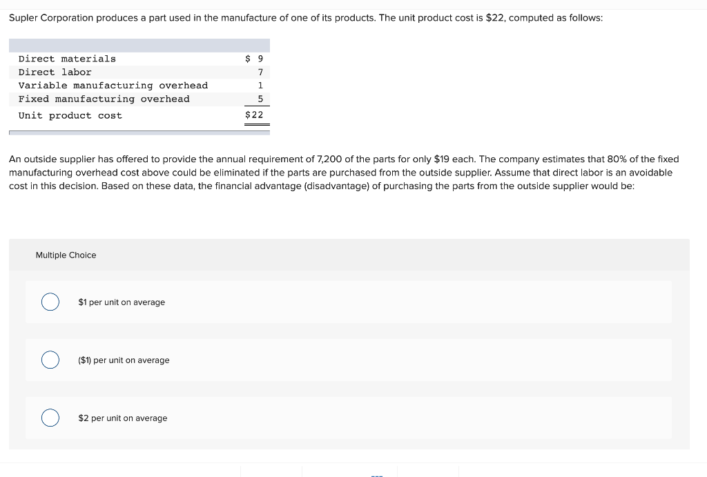 Solved Supler Corporation produces a part used in the