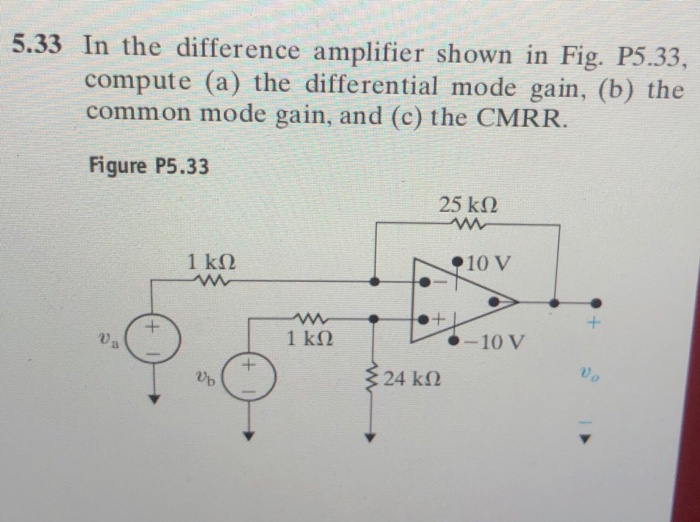 Solved In the difference amplifier shown in Fig. P5.33,