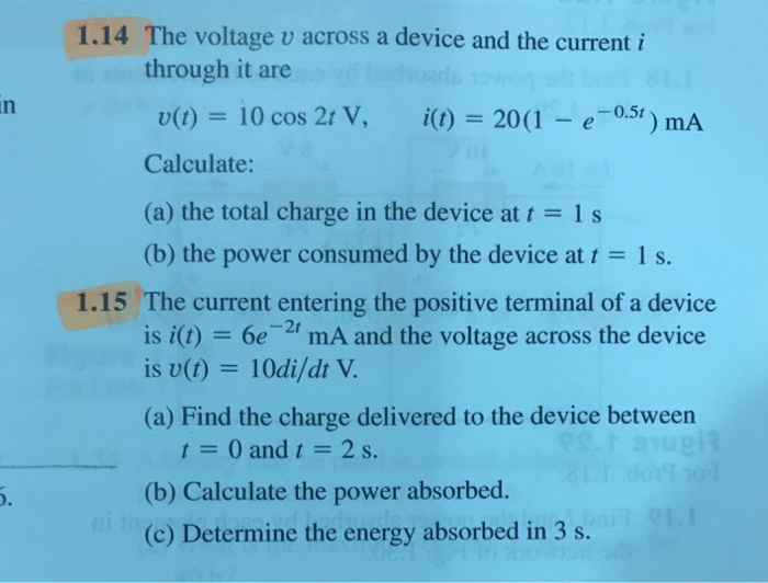 Solved 1.14 The voltage v across a device and the current i | Chegg.com