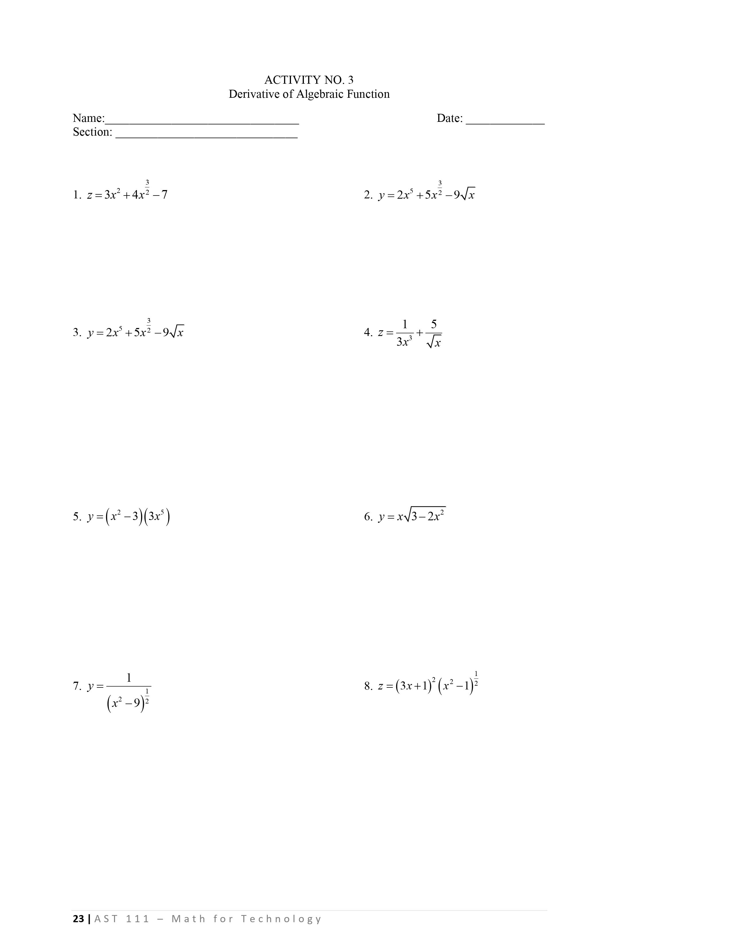 Solved Activity No 3 Derivative Of Algebraic Function Name