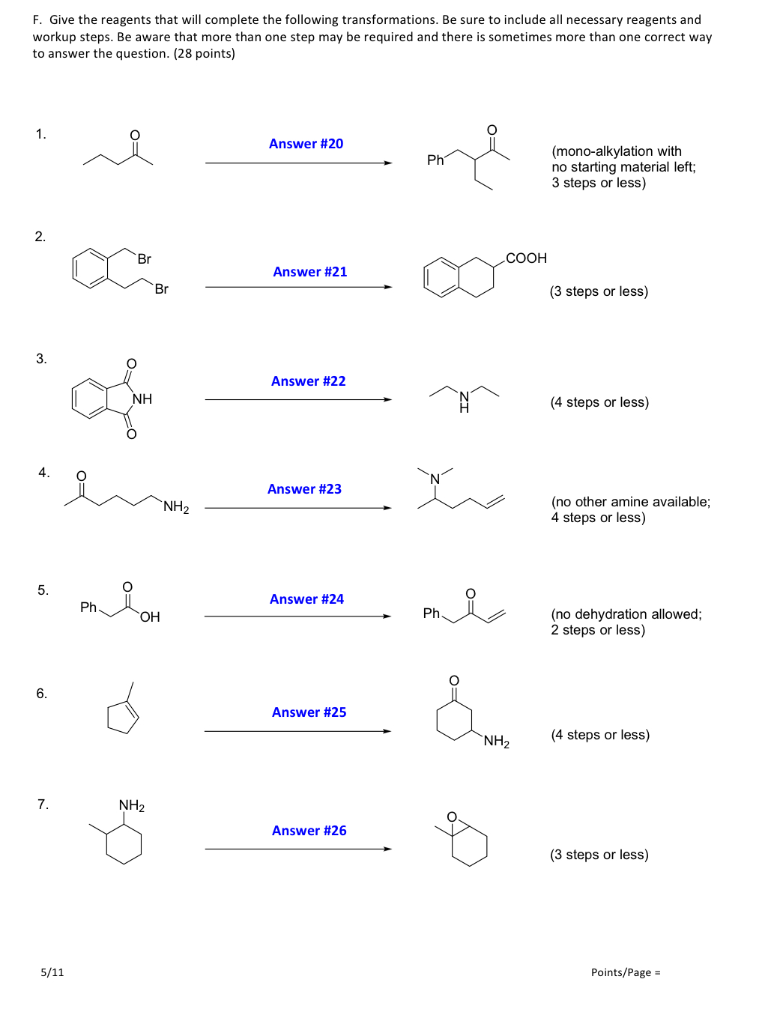 Solved F. Give the reagents that will complete the following | Chegg.com