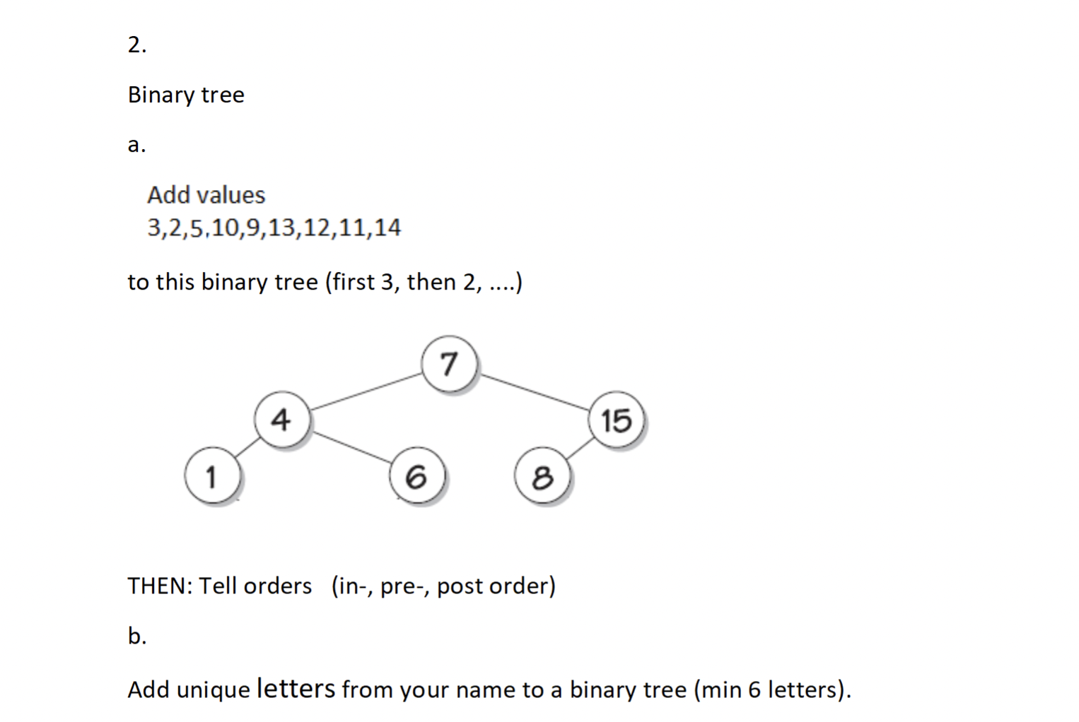 Solved 2. Binary tree a. Add values 3,2,5,10,9,13,12,11,14 | Chegg.com