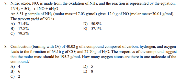 Solved 7. Nitric oxide, NO, is made from the oxidation of | Chegg.com