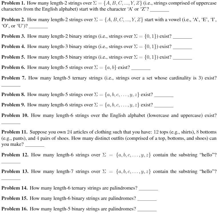 Solved Problem 1. How many length-2 strings over = {A, B, C, | Chegg.com