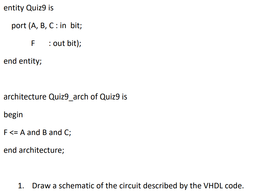 Solved Entity Quiz9 Is Port (A,B,C: In Bit; F : Out Bit); | Chegg.com