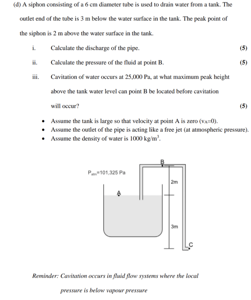 Solved (d) A siphon consisting of a 6 cm diameter tube is | Chegg.com