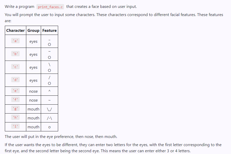 Solved Write a program that creates a face based on user | Chegg.com