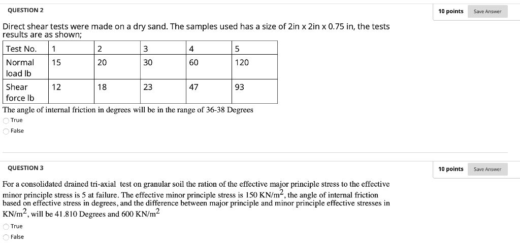 Solved QUESTION 2 10 points Save Answer Direct shear tests | Chegg.com