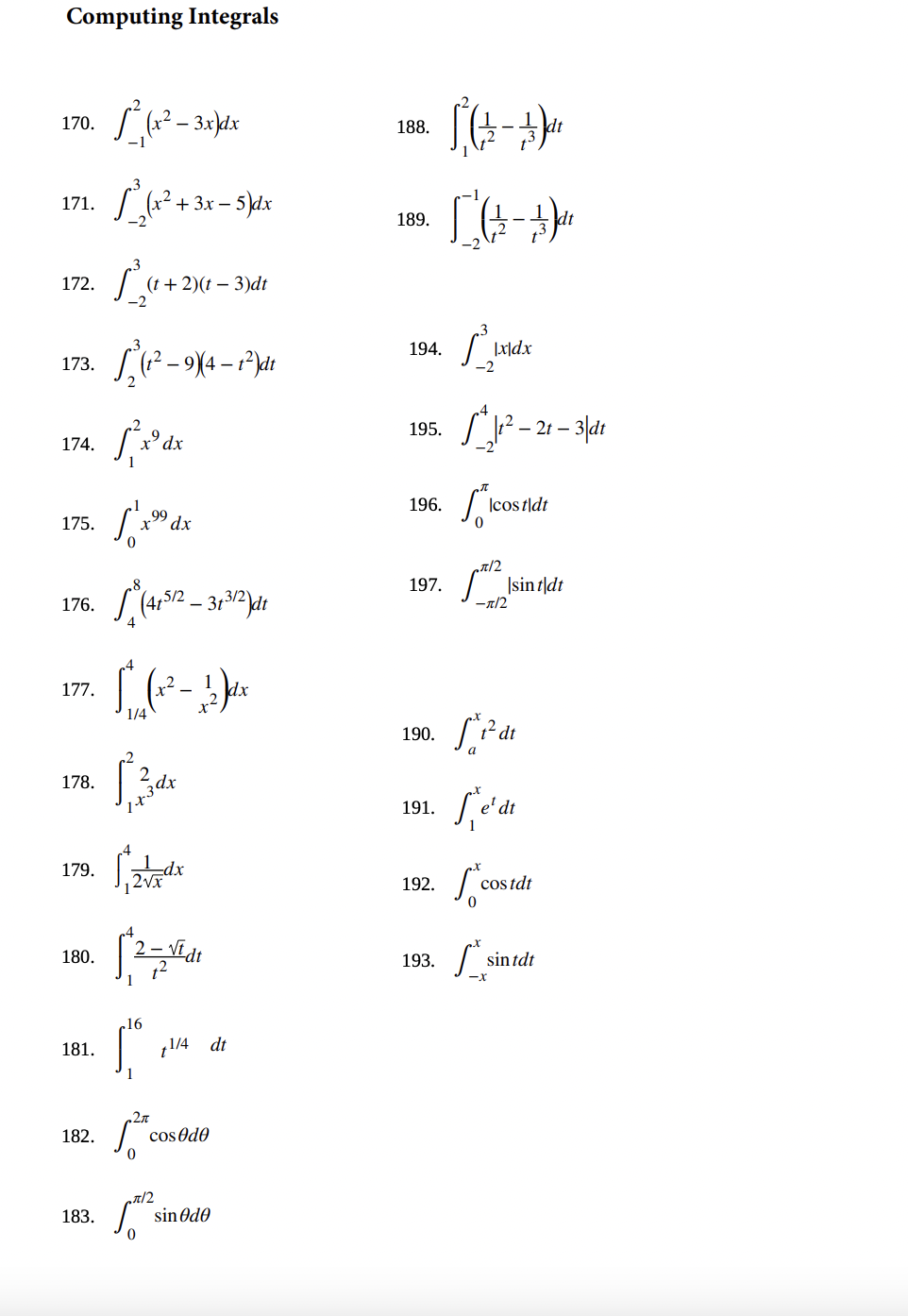 Solved Computing Integrals 170. ∫−12(x2−3x)dx 188. | Chegg.com