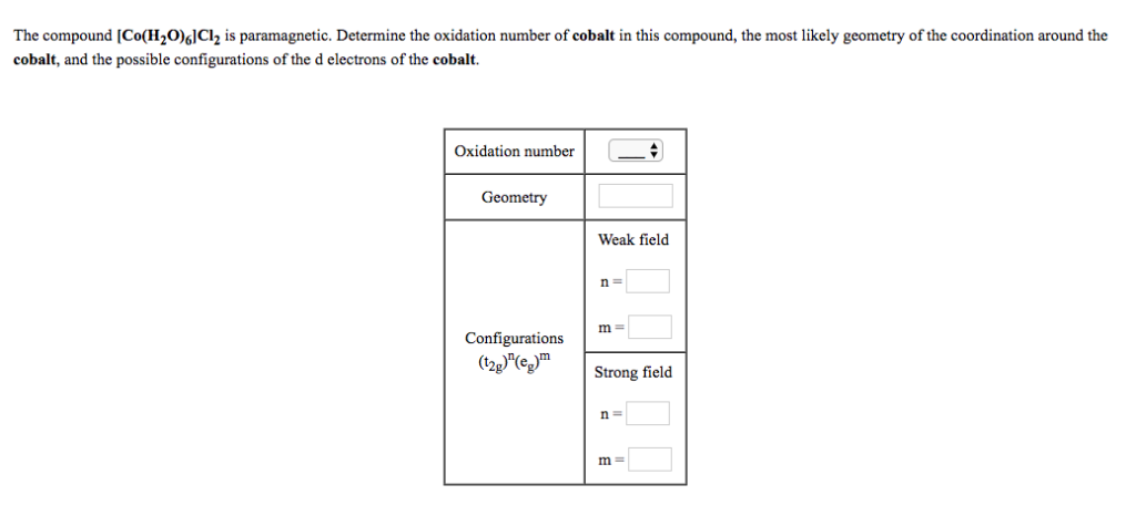 Solved The compound ICo(H20)sICl2 is paramagnetic. Determine | Chegg.com