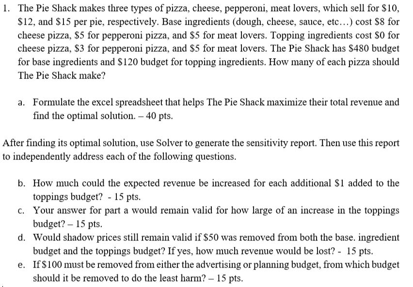 Solved 1. The Pie Shack makes three types of pizza, cheese,