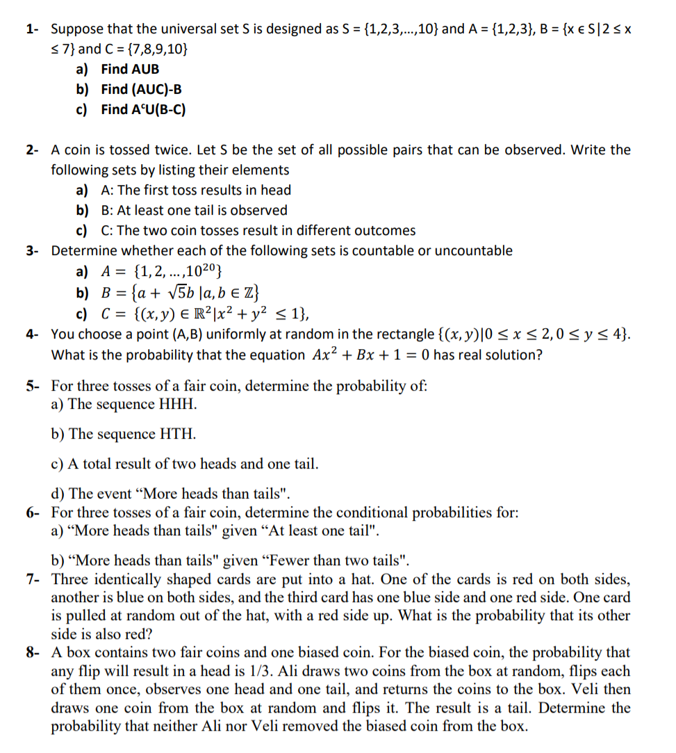 Solved 1- Suppose That The Universal Set S Is Designed As S | Chegg.com