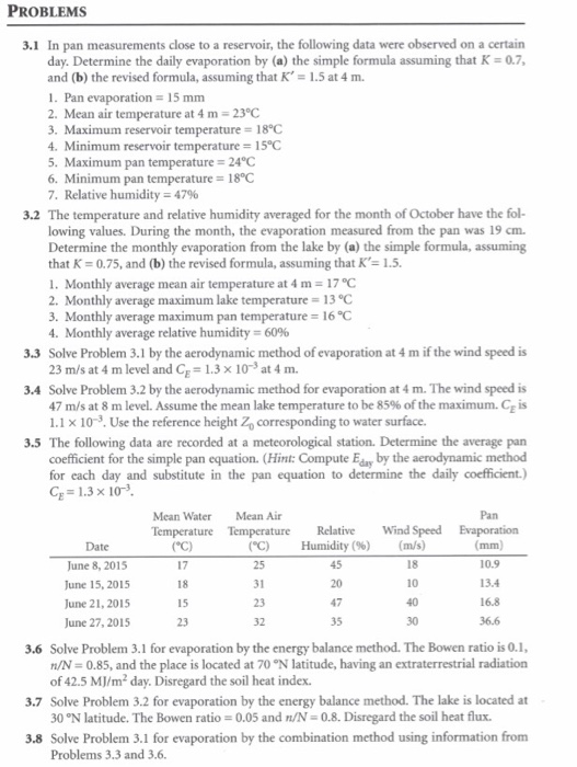 PROBLEMS In pan measurements close to a reservoir, | Chegg.com