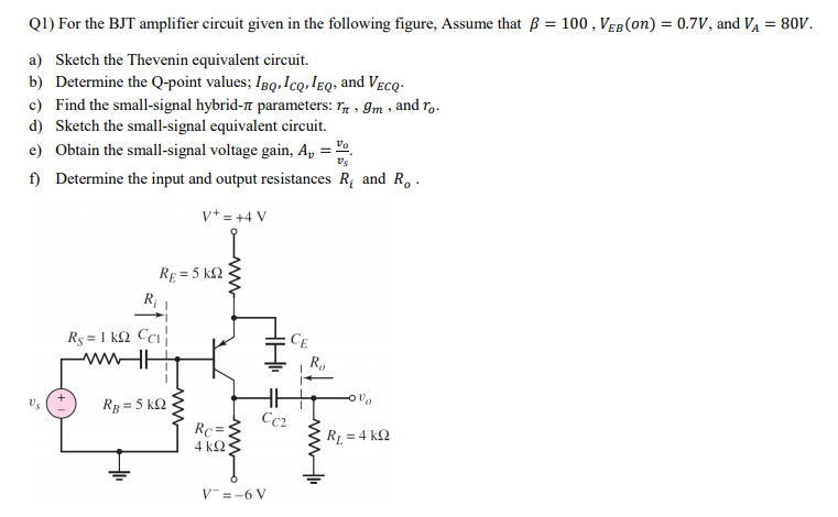 Solved Q1) For the BJT amplifier circuit given in the | Chegg.com