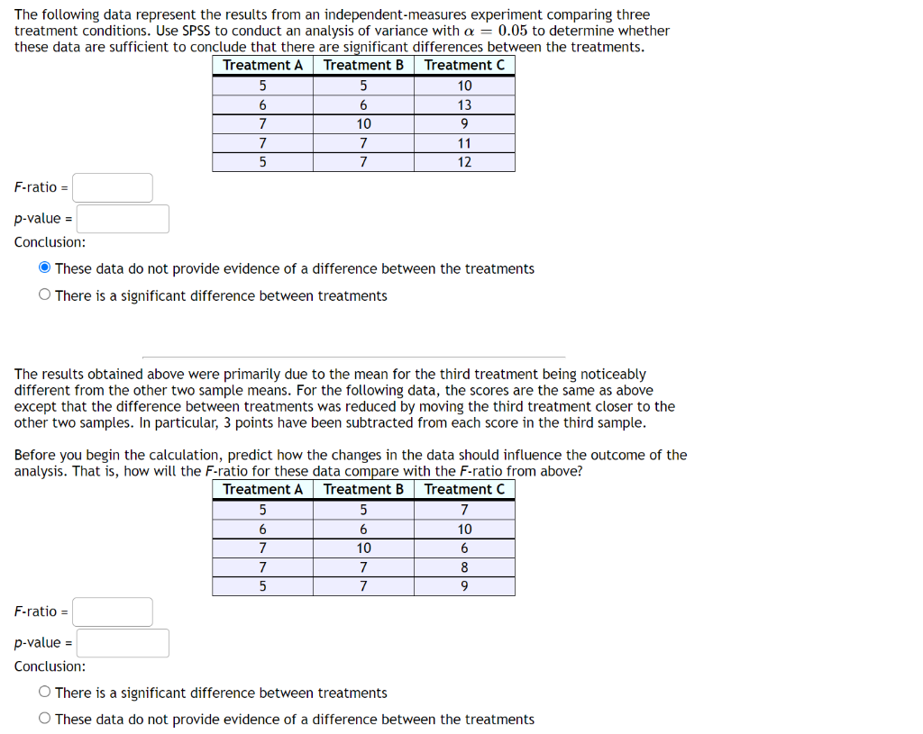 Solved The following data represent the results from an | Chegg.com