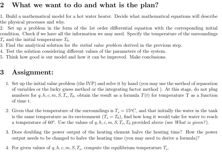 Written Assignment 1: Model for a hot water heater | Chegg.com