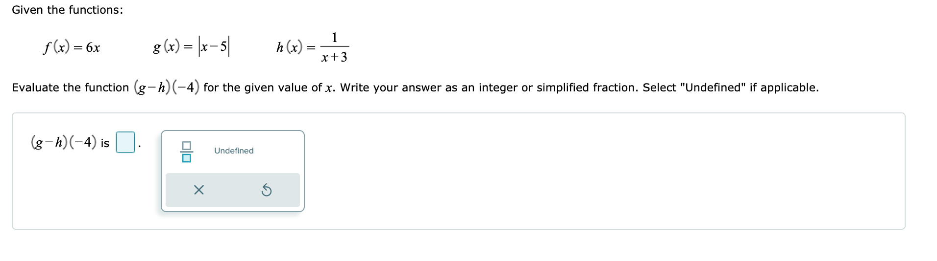 Solved Given the functions: 1 f(x) = 6x g(x) = |x-5 h(x) x+3 | Chegg.com