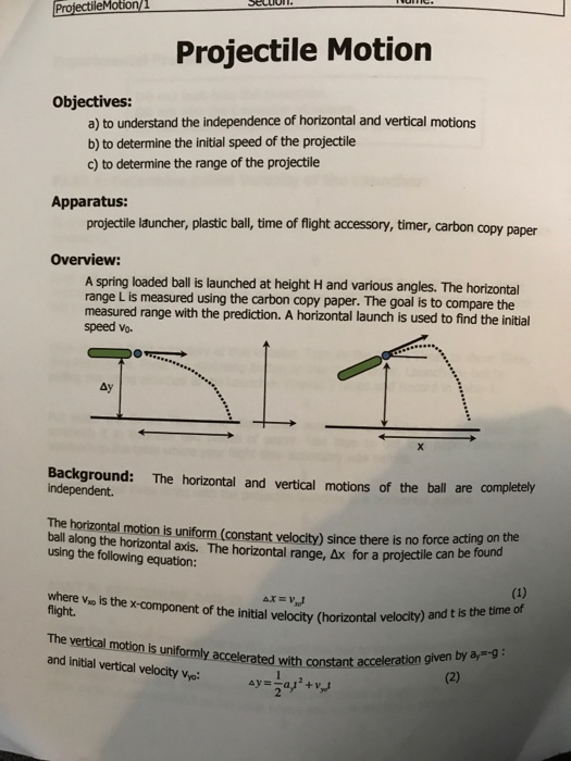 Solved ectileMotion Projectile Motion objectives: a) to | Chegg.com