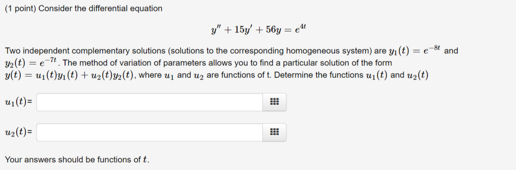 Solved (1 point) Consider the differential equation y" + | Chegg.com