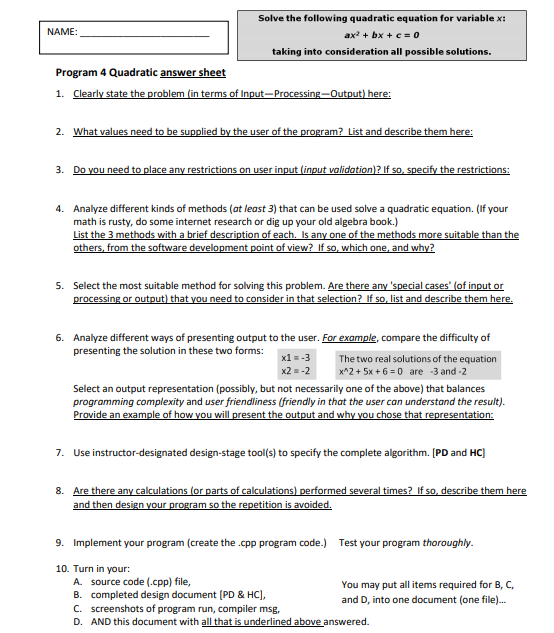 Solved Program 4: Quadratic Note: for this assignment, you | Chegg.com