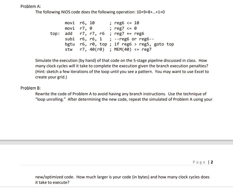 Problem A: The following NIOS code does the following | Chegg.com