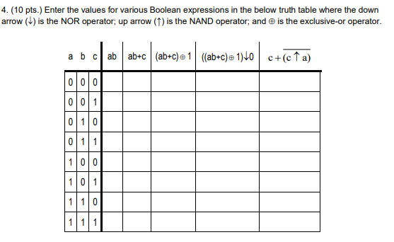 Solved 4. (10 pts.) Enter the values for various Boolean | Chegg.com