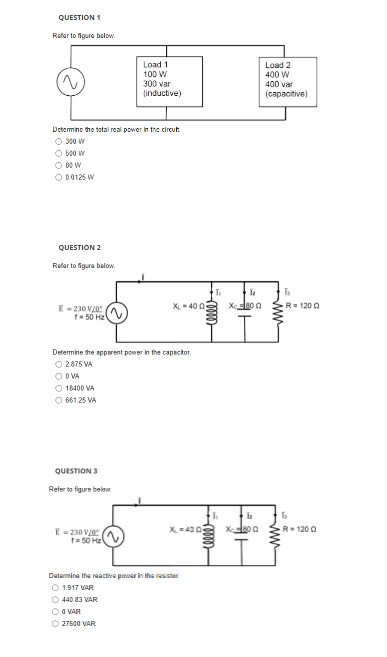 Solved QUESTION 1 Refer to figure below Load 1 100 W 300 var | Chegg.com