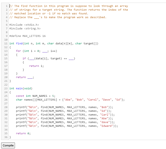 Solved 8 BE 1 / The find function in this program is suppose | Chegg.com