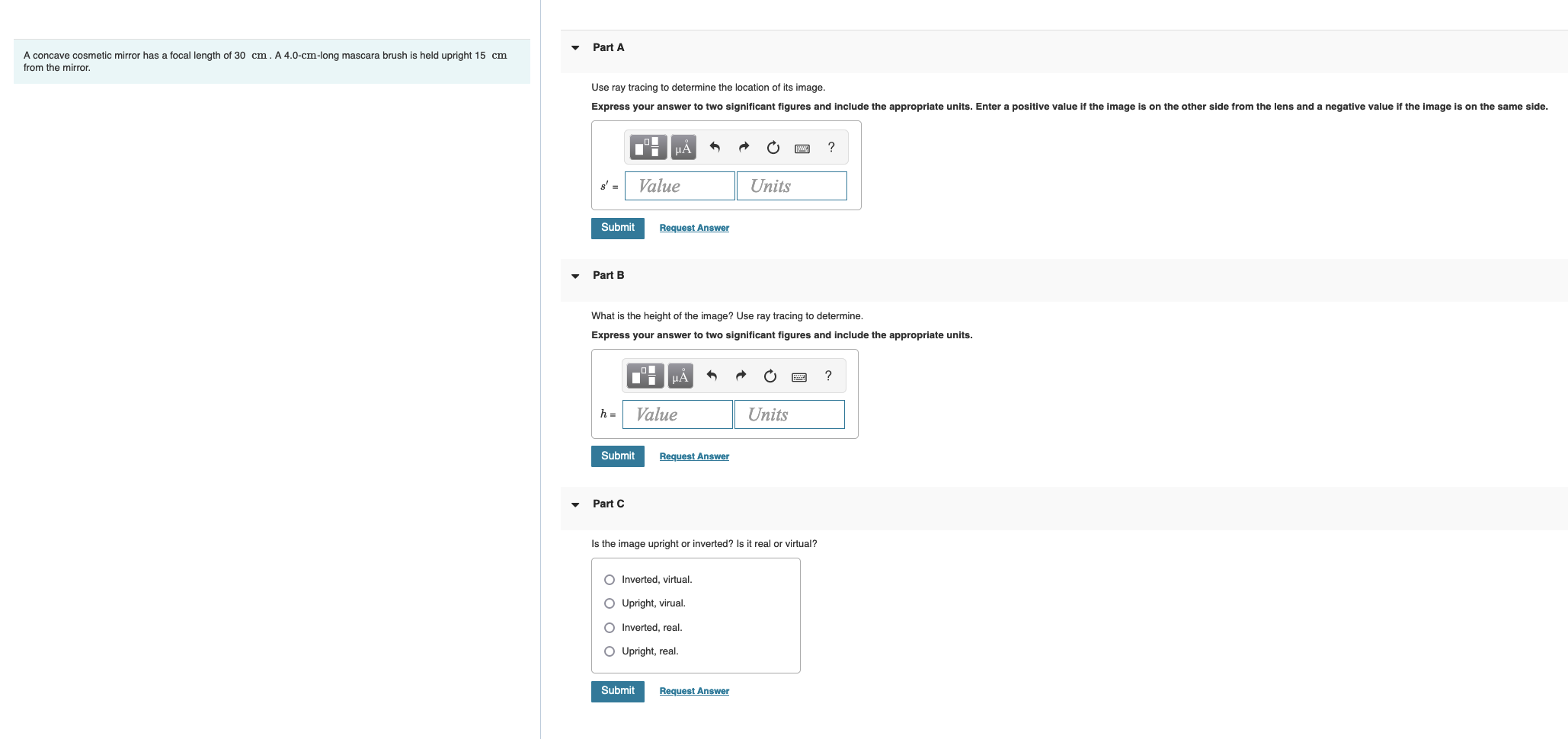 Solved A concave cosmetic mirror has focal length of 30 cm.