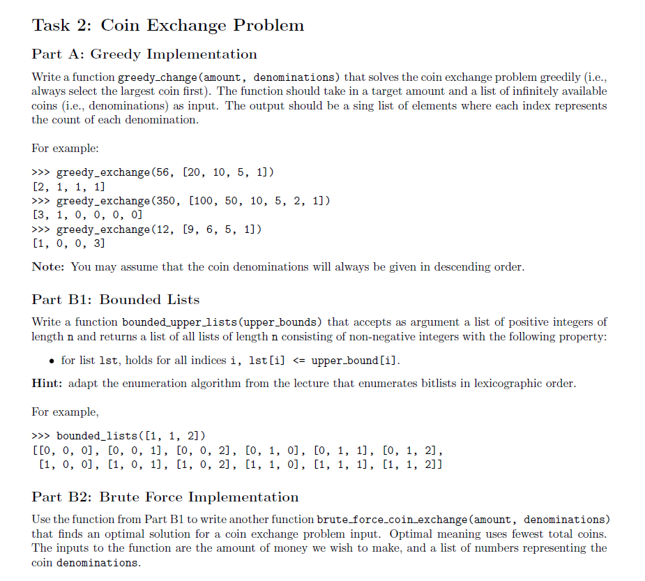 Task 2: Coin Exchange Problem Part A: Greedy | Chegg.com