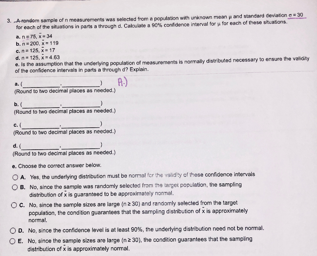 Solved 3. A random sample of n measurements was selected | Chegg.com