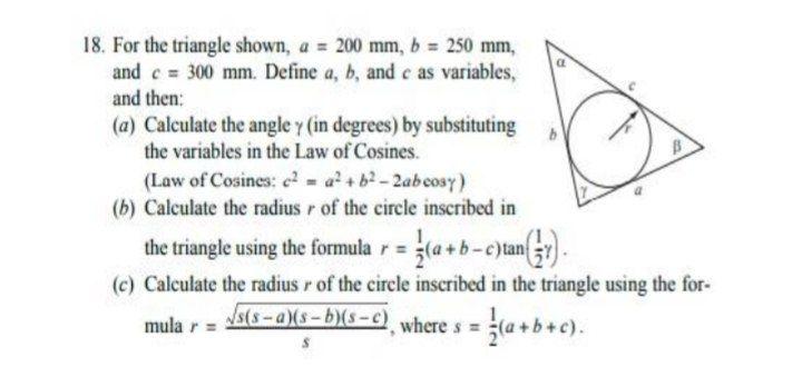 Solved 18. For the triangle shown, a = 200 mm, b = 250 mm, | Chegg.com