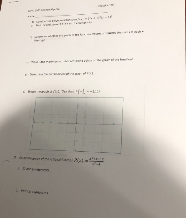 Solved Practice test MAC 1105 College Algebra 1 Name 1) | Chegg.com