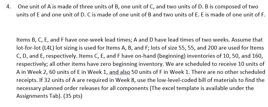 Solved 4. One Unit Of A Is Made Of Three Units Of B, One | Chegg.com