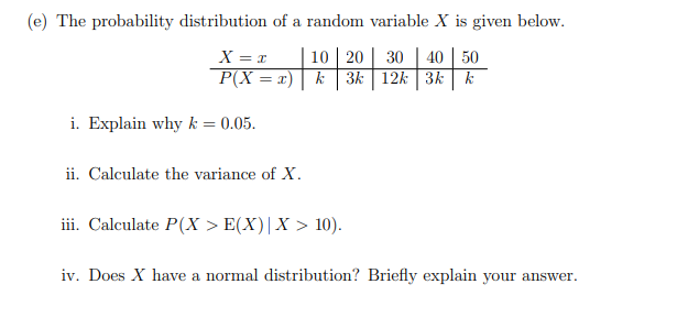 Solved (e) The probability distribution of a random variable | Chegg.com