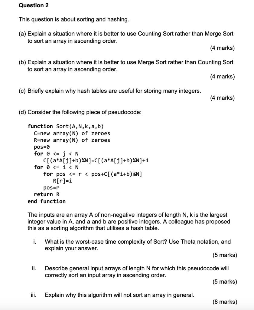 Solved Question 2 This question is about sorting and | Chegg.com