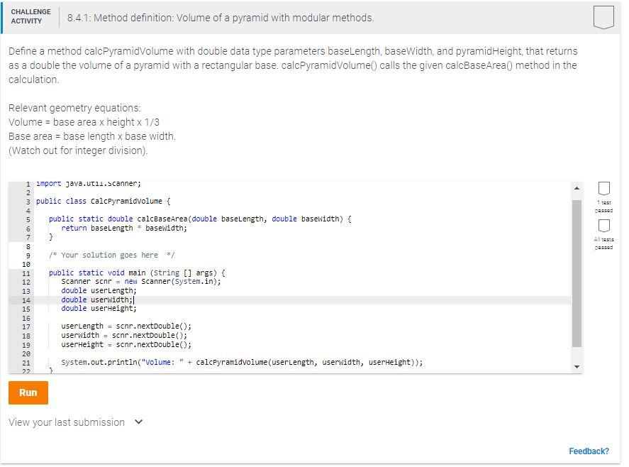 Solved CHALLENGE ACTIVITY 8 4 1 Method Definition Volume Chegg