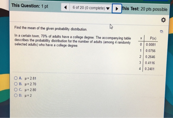 Solved Find the mean of the given probability distribution. | Chegg.com