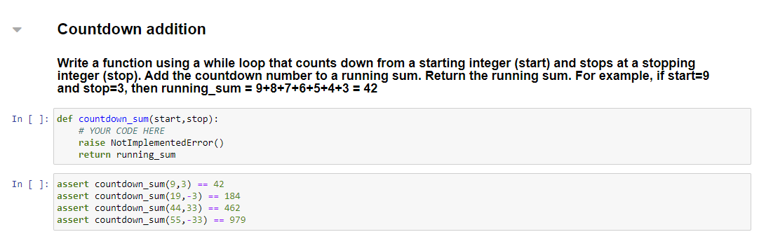Solved Countdown addition Write a function using a while | Chegg.com