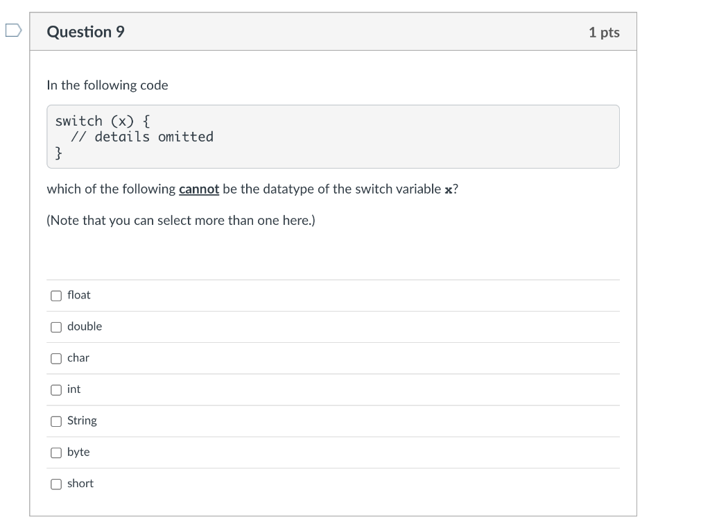 Solved Question 9 1 pts In the following code switch (x) { | Chegg.com
