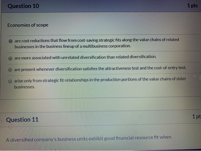 Solved Question 10 1 pts Economies of scope are cost | Chegg.com