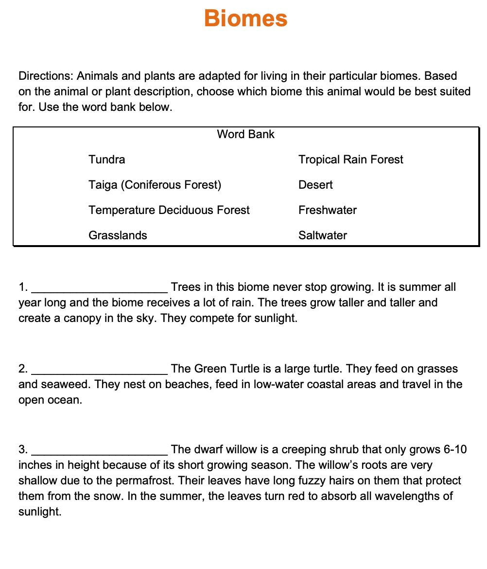 Solved Biomes Directions: Animals and plants are adapted for | Chegg.com