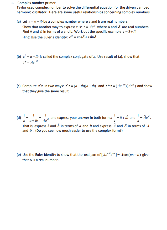 Solved 1. Complex number primer. Taylor used complex number | Chegg.com