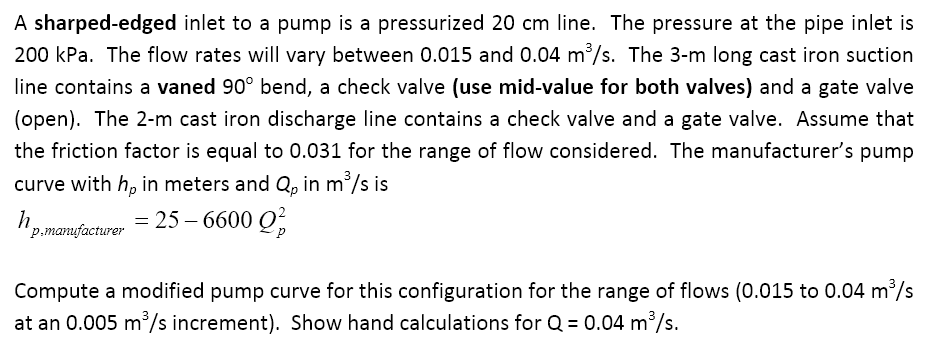 Solved A sharped-edged inlet to a pump is a pressurized 20 | Chegg.com