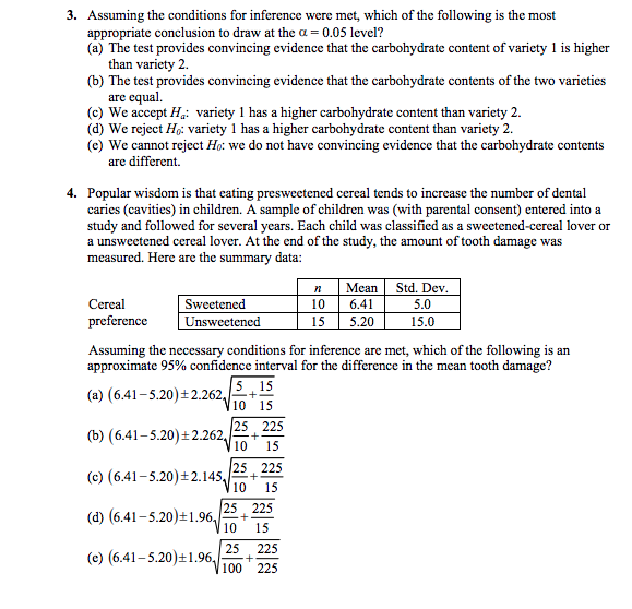 Solved 3. Assuming the conditions for inference were met, | Chegg.com